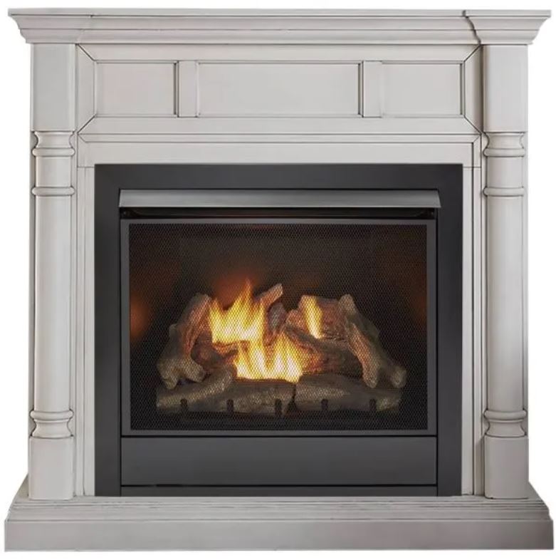 Duluth Forge Full Size Dual Fuel Ventless Gas Fireplace With Mantel – 32,000 BTU Remote Control Antique White Finish –