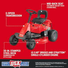 Load image into Gallery viewer, Craftsman 30″ 10.5 HP 344cc 6-Speed Riding Lawn Mower