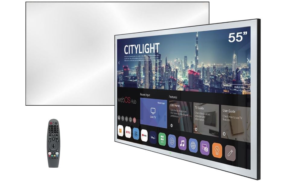 Soulaca 55 inches Smart Waterproof Mirror TV 4K UHD webOS Built-in ATSC DTV Tuner Voice Control, Large Bathroom & Indoor Hotel Resort Television Wall-Mount Big Screen Pool