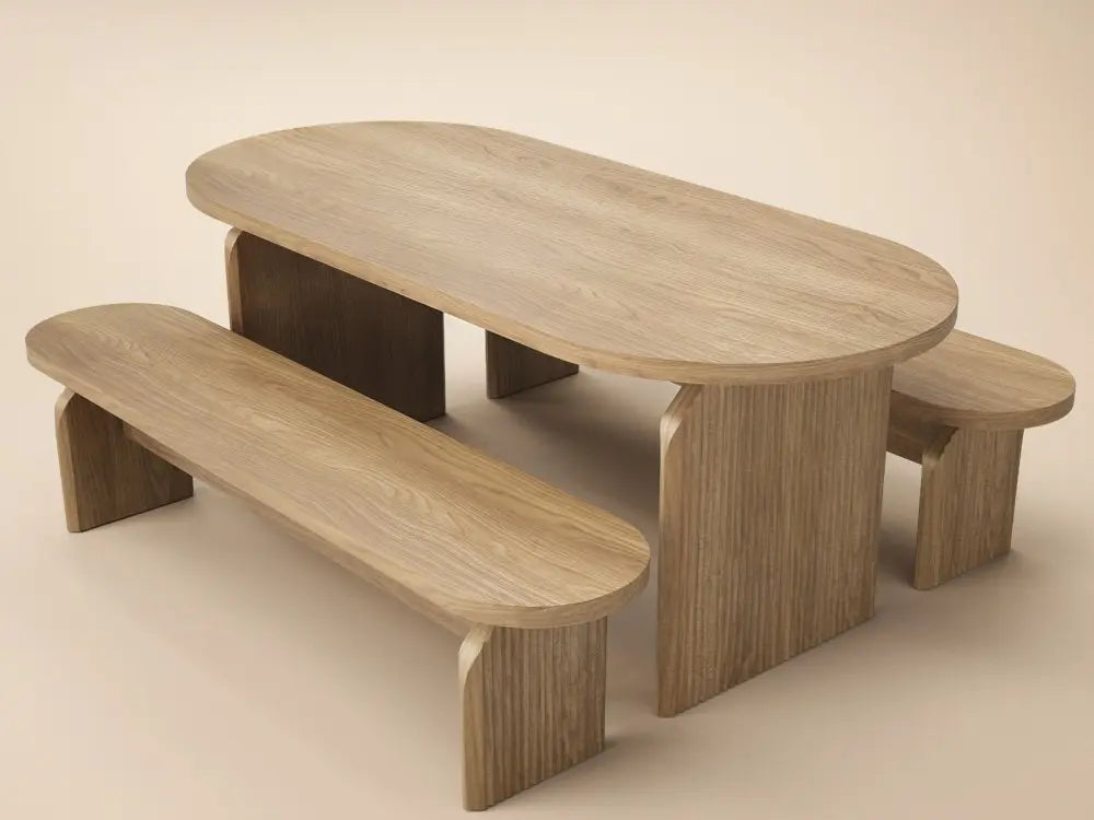 SOLACE+CO Varm Ribbed Oval Dining Table & 2 Bench Set Oak