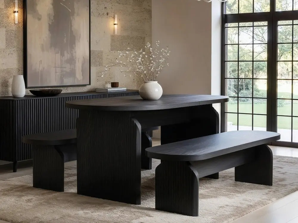 SOLACE+CO Varm Ribbed Oval Dining Table & 2 Bench Set Oak
