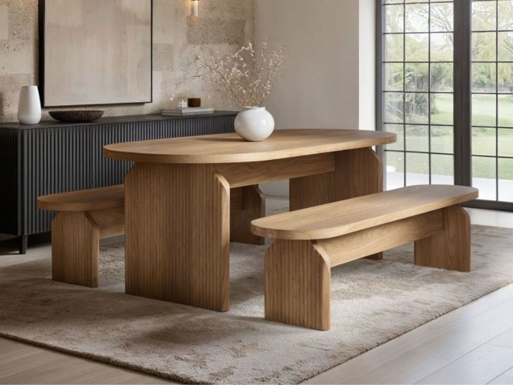 SOLACE+CO Varm Ribbed Oval Dining Table & 2 Bench Set Oak