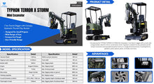 Load image into Gallery viewer, TYPHON TERROR X STORM Mini Excavator Machine – 1 Ton Trench Digger with Canopy, Hydraulic Thumb Clip, Bucket USA