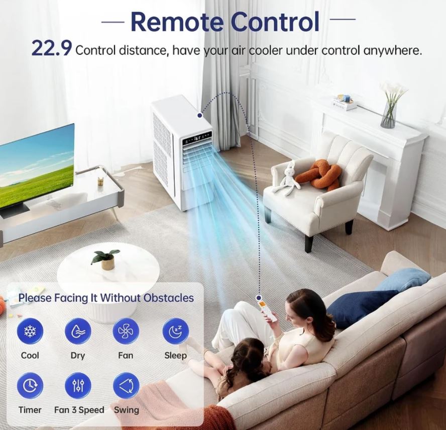 12000 BTU Portable Air Conditioner with Cooling, Fan, Dehumidifier, Sleep Mode & Remote Control