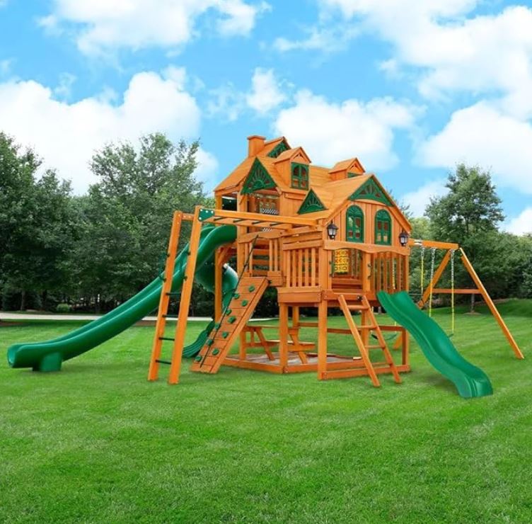 Gorilla Playsets Empire Extreme Wooden Swing Set with Monkey Bars Clatter Bridge Tower and 3 Slides