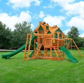 Gorilla Playsets Empire Extreme Wooden Swing Set with Monkey Bars Clatter Bridge Tower and 3 Slides